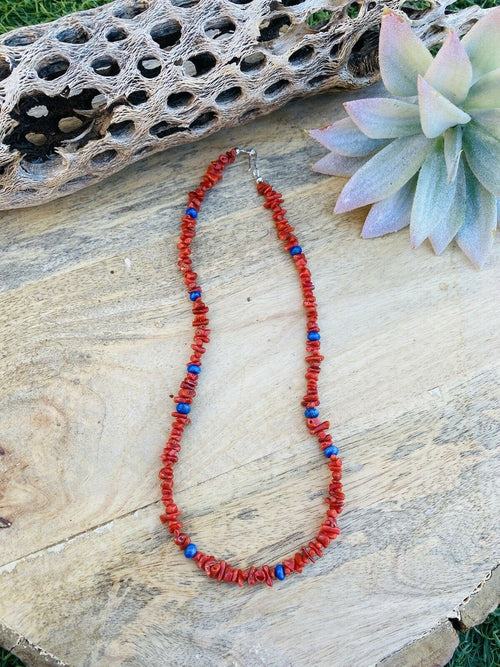 Handcrafted Apple Coral & Lapis Beaded Necklace