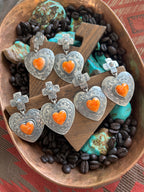 Apache Sterling Silver and Orange Spiny Oyster Shell Hand Stamped Heart Earrings by Rosella Paxson