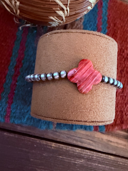 Handcrafted Spiny Oyster & Sterling Silver Pearl Cross Beaded Bracelet