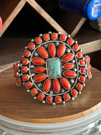 Navajo Sterling Silver, Mediterranean Coral and Spiderweb Kingman Turquoise Cuff Bracelet by Tyler Brown