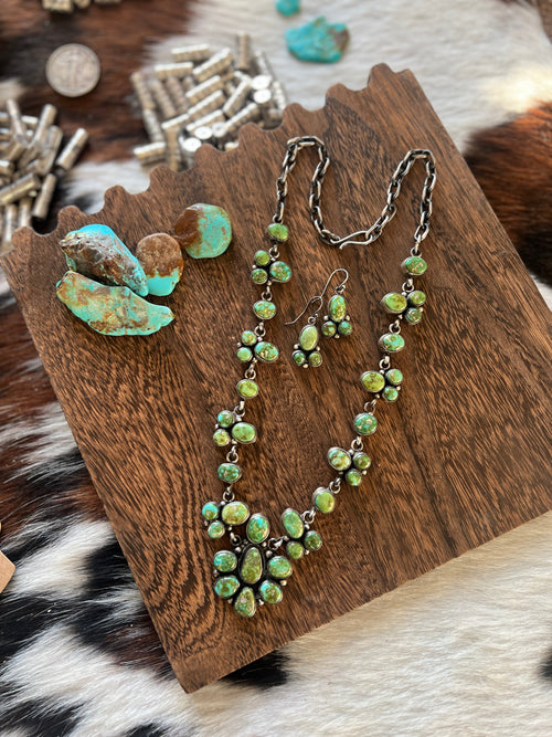 Navajo Sterling Silver and Sonoran Gold Turquoise Electric Rainbow Cluster Necklace with Earrings by Bea Tom