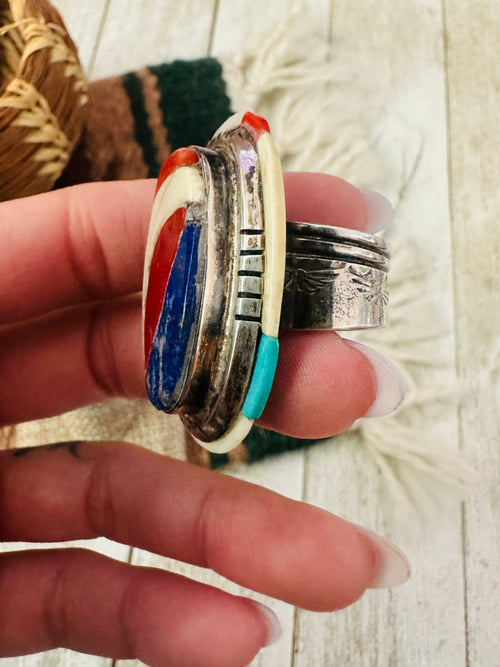 Old Pawn Handcrafted Multi Stone & Sterling Silver Inlay Adjustable Ring by Ken Romero
