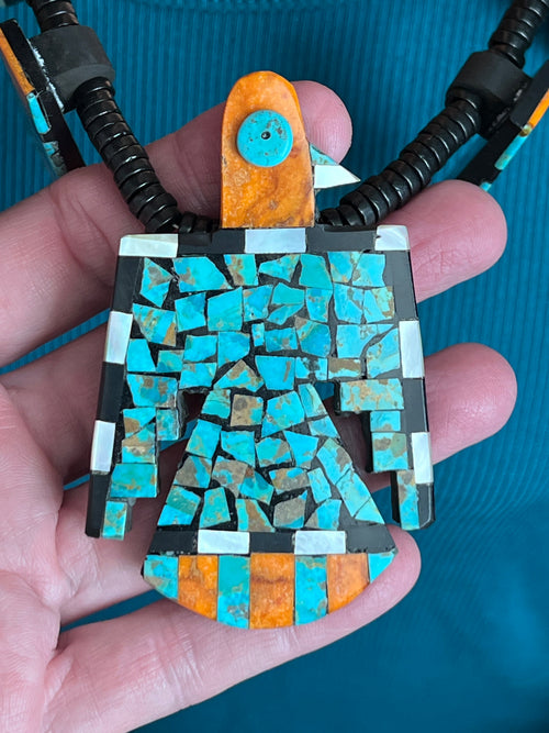 Handcrafted Inlay Turquoise and Apple Coral Thunderbird Tab Necklace & Earrings Set by Warren Nieto