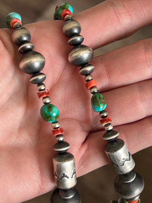 Navajo Made Electric Rainbow Sterling Silver, Turquoise and Spiny Oyster Single Strand Beaded Necklace by Rose Martin, 20 + 2 Inches