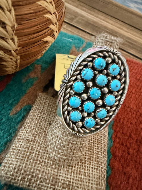Old Pawn Handcrafted Turquoise & Sterling Silver Cluster Adjustable Ring