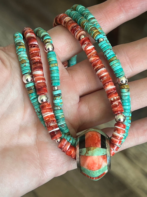 Daniel Coriz Triple Strand Spiny Oyster and Turquoise Beaded Necklace w/ Removable Sterling Silver & Stone Inlay Bead