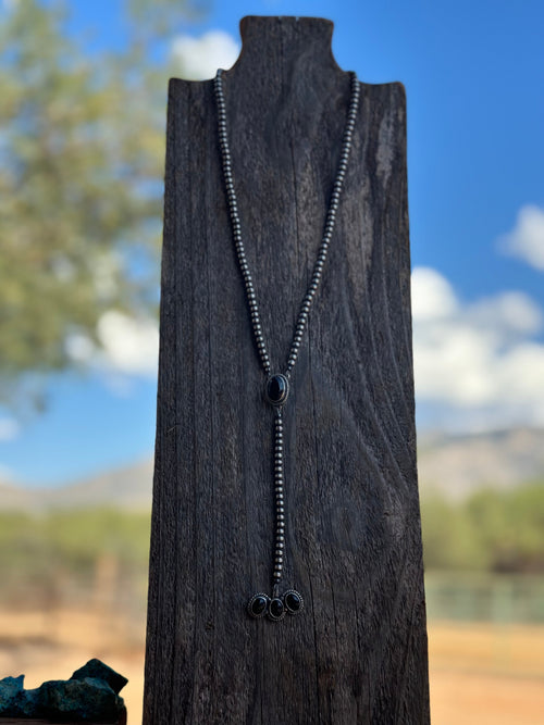 Handcrafted Onyx & Sterling Silver Pearl Beaded Lariat Necklace
