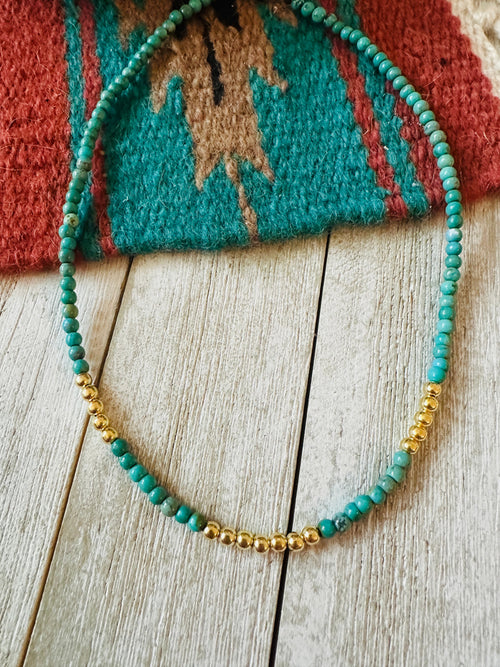 Handcrafted Turquoise & Gold Beaded 16” Necklace