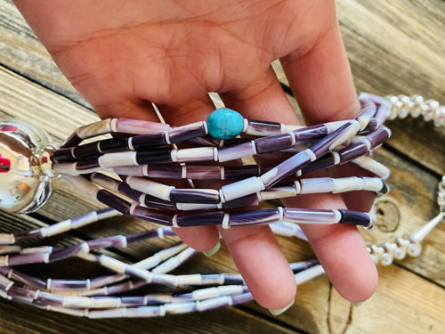 Navajo Sterling Silver, Wampum (Quahog Shell) & Turquoise Beaded Necklace