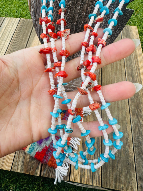 Old Pawn Handcrafted Turquoise, Coral & Heishi Beaded 36” Necklace