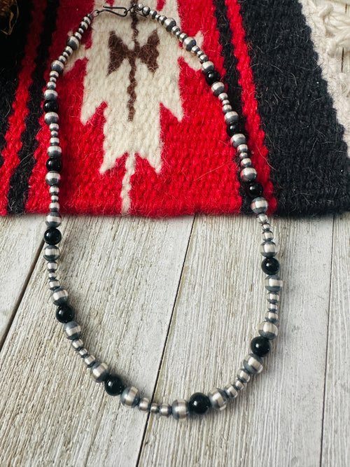 Handcrafted Sterling Silver Pearl & Onyx Beaded 16” Necklace