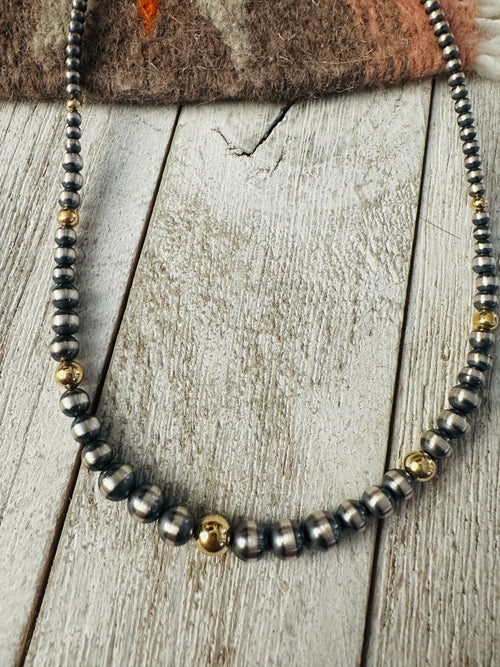 Navajo Sterling Silver & Gold Beaded 16” Necklace