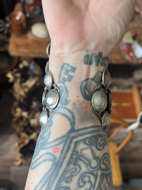 Insane Old Pawn Sterling Silver, Morgan Dollar, Buffalo Nickel and Turquoise Cuff Bracelet by Eric Drake