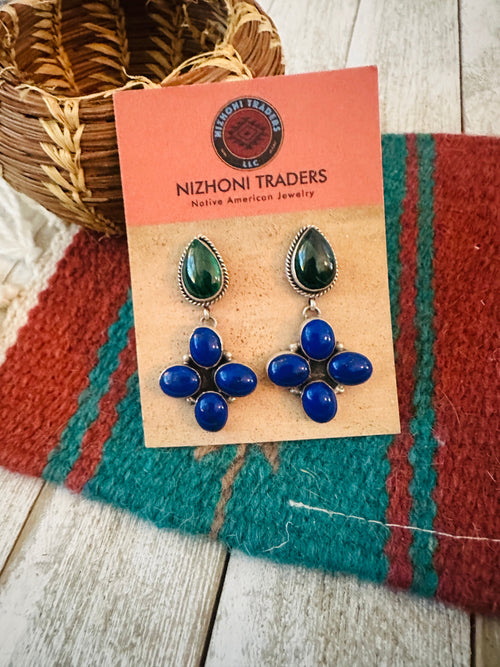 Old Pawn Navajo Sterling Silver, Lapis & Malachite Dangle Earrings