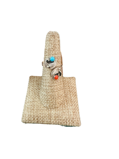 Old Pawn Navajo Sterling Silver, Turquoise & Coral Adjustable Ring