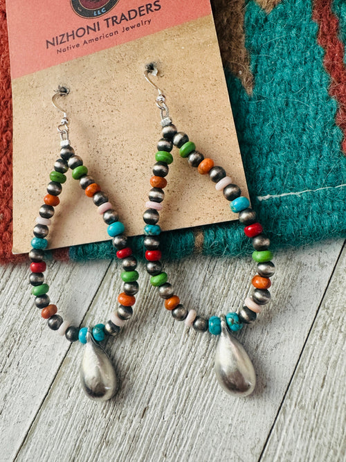 Navajo Multi Stone & Sterling Silver Pearl Beaded Hoop Earrings