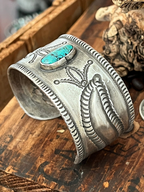 Hand Forged Old Pawn Sterling Silver & Turquoise Ingot Cuff Bracelet by Santa Fe Artist, Buffalo, The Harvest