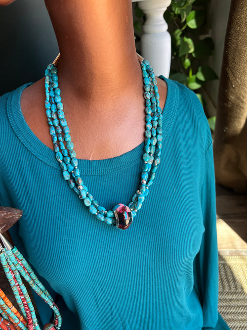 Daniel Coriz Triple Strand Turquoise and Sterling Beaded Necklace w/ Removable Sterling Silver & Stone Inlay Bead