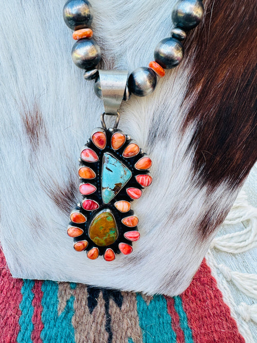 Handcrafted Sterling Silver Pearl, Spiny Oyster and Turquoise Beaded Necklace by Sheila Becenti