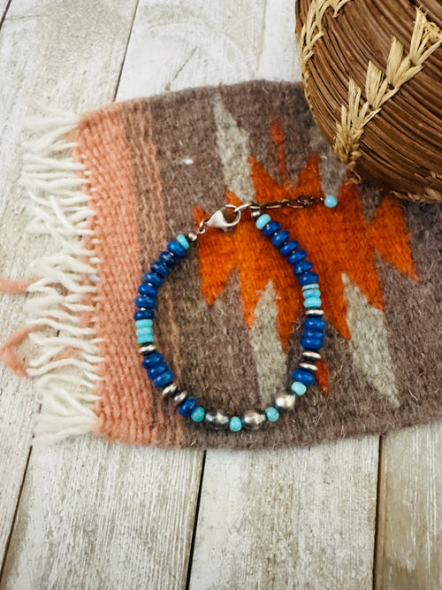 Navajo Sterling Silver Pearl, Lapis & Turquoise Beaded Bracelet