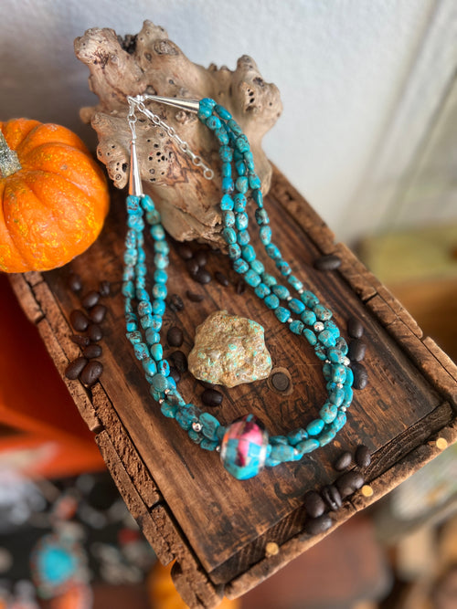 Daniel Coriz Triple Strand Turquoise and Sterling Beaded Necklace w/ Removable Sterling Silver & Stone Inlay Bead