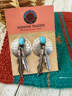 Handcrafted Old Pawn Kingman Turquoise & Sterling Silver Feather Concho Dangle Earrings