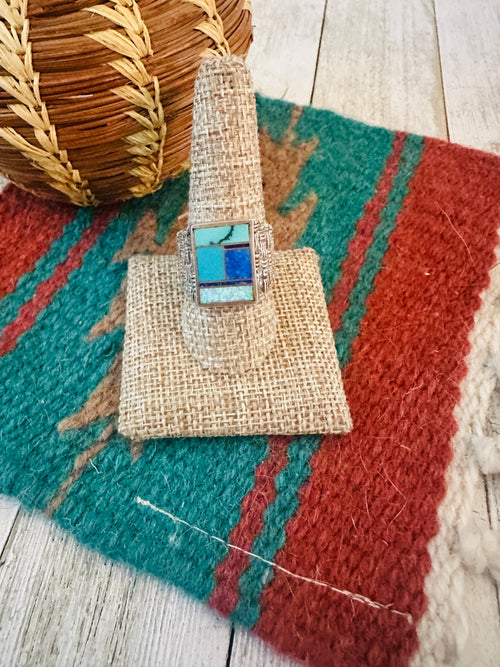 Handcrafted Old Pawn Sterling Silver & Multi Stone Inlay Ring Size 10