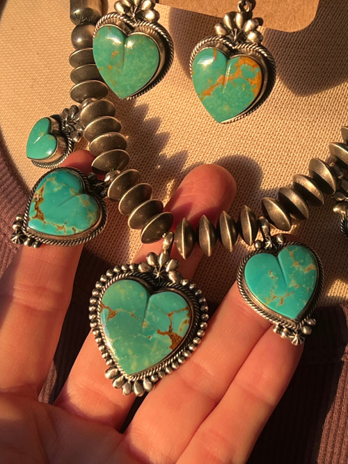 Navajo Sterling Silver and Kingman Turquoise Heart Charm Necklace and Earrings Set by Murphy Platero & Rose Martin