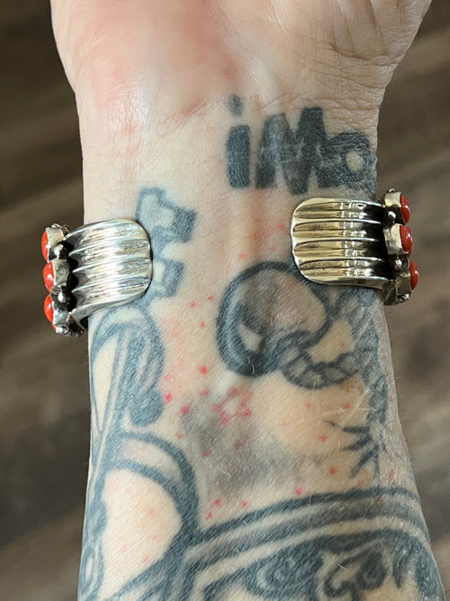 Navajo Sterling Silver, Mediterranean Coral and Spiderweb Kingman Turquoise Cuff Bracelet by Tyler Brown