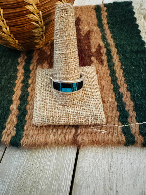 Old Pawn Handcrafted Onyx, Turquoise & Sterling Silver Inlay Ring Size 12