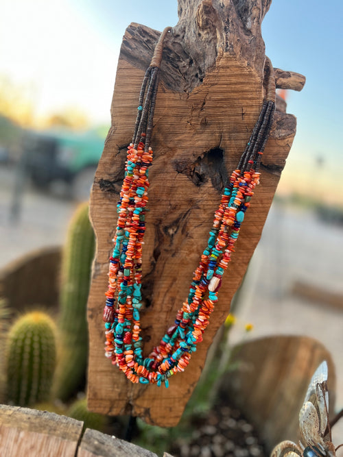 Gorgeous Santo Domingo Made Six Strand Spiny Oyster and Turquoise Beaded Squaw Wrap Necklace, No Tabs