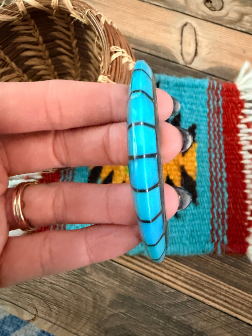 Handcrafted Old Pawn Sterling Silver & Turquoise Raised Inlay Cuff Bracelet