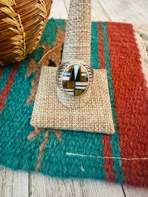 Old Pawn Navajo Sterling Silver & Multi Stone Inlay Ring Size 11.5