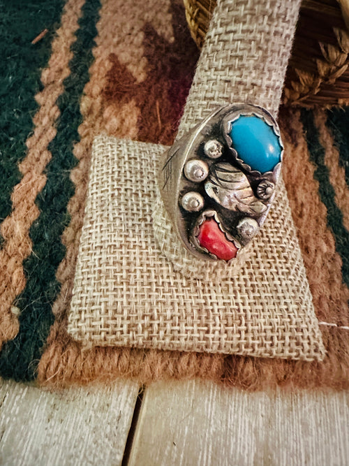 Old Pawn Handcrafted Turquoise, Coral & Sterling Silver Ring Size 11.75
