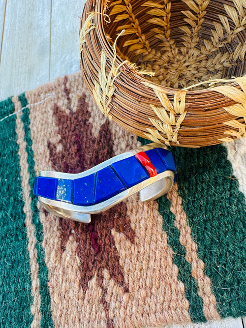 Handcrafted Old Pawn Sterling Silver, Lapis & Coral Inlay Cuff Bracelet by The Dukepoos