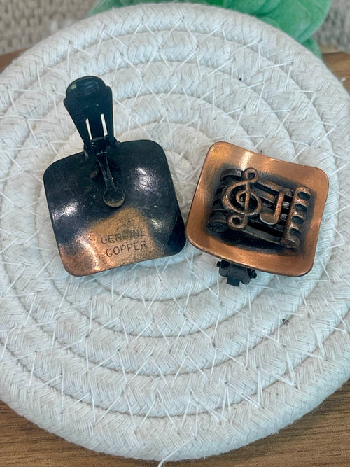 Vintage Handmade Copper Clip On Music Note Earrings