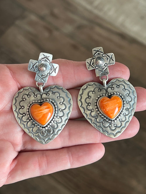 Apache Sterling Silver and Orange Spiny Oyster Shell Hand Stamped Heart Earrings by Rosella Paxson