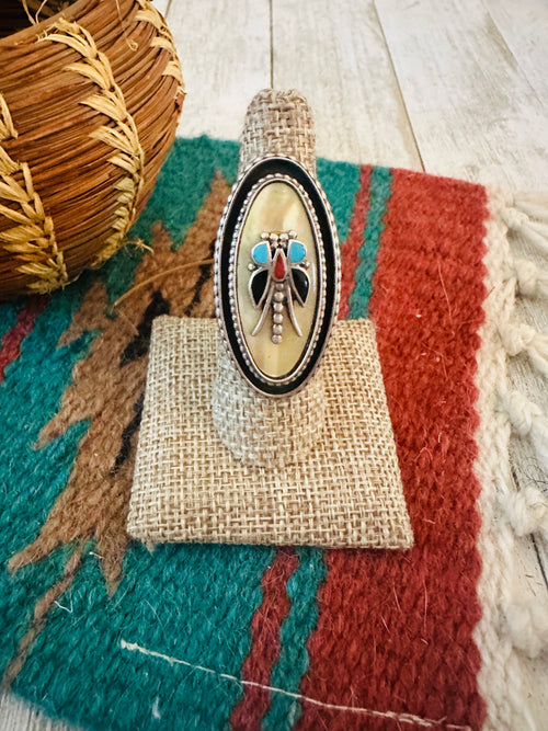 Old Pawn Navajo Sterling Silver & Multi Stone Dragonfly Ring Size 7