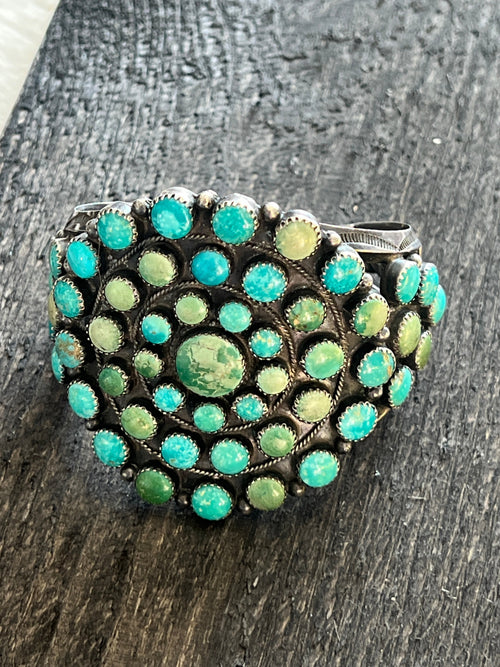 Handcrafted Vintage Sterling Silver and Fox Turquoise Cluster Cuff /