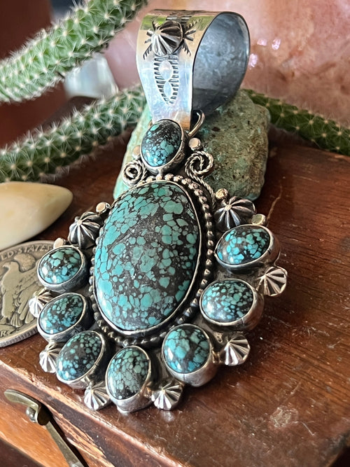 Apache Made Sterling Silver and Hubei Turquoise Cluster Pendant by Rosella Paxson