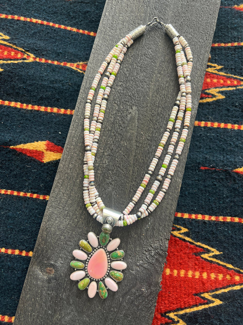 Handcrafted Sonoran Gold Turquoise, Sterling Silver and Pink Conch Cluster Pendant w/ Beaded Multistrand Necklace by Patrick Yazzie