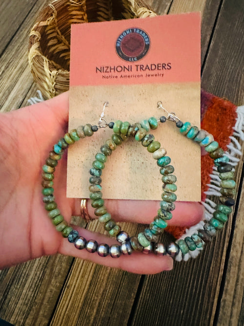 Handcrafted Turquoise & Sterling Silver Beaded Dangle Hoop Earrings