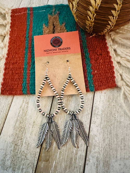 Queen Pink Conch & Sterling Silver Pearl Feather Beaded Hoop Earrings