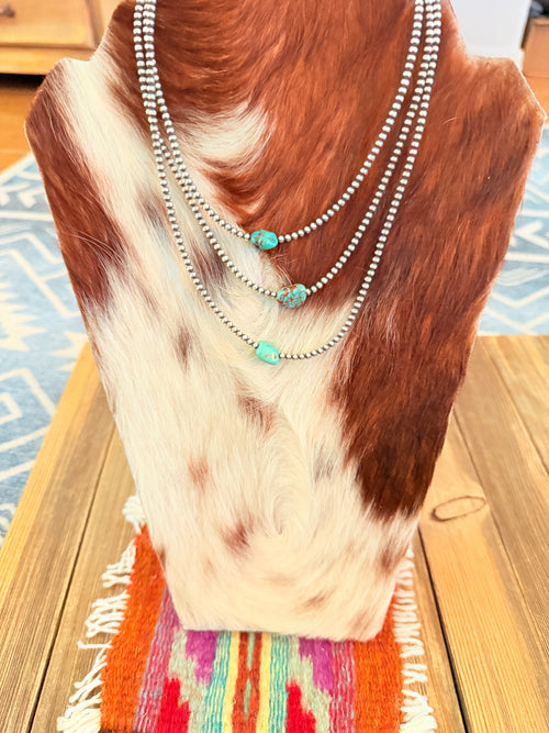 Handcrafted Turquoise & 3mm Sterling Silver Pearl Beaded Necklace