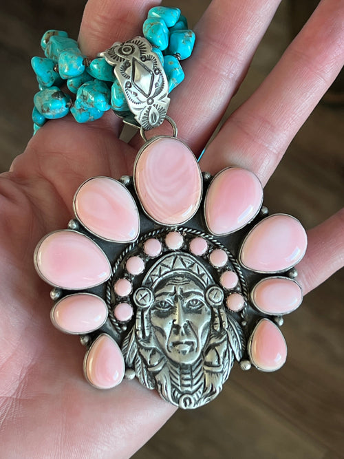 Handcrafted Sterling Silver Pink Conch Chief and Triple Strand Turquoise Nugget Bead Necklace by Patrick Yazzie