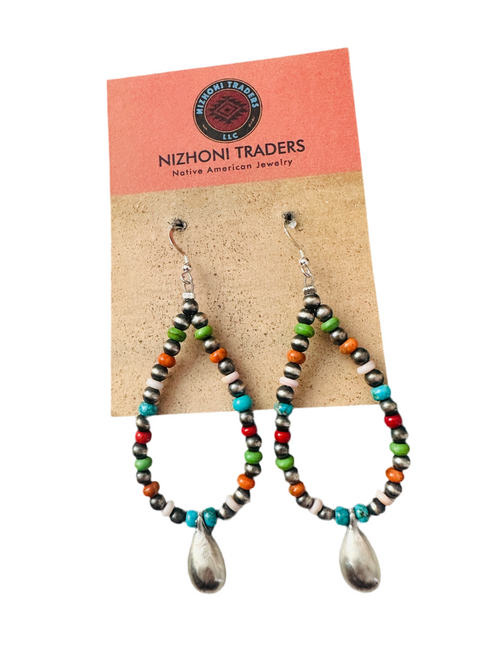 Navajo Multi Stone & Sterling Silver Pearl Beaded Hoop Earrings