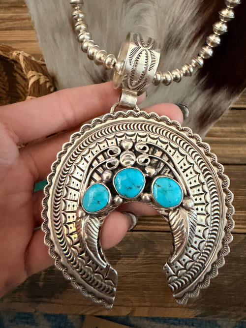 Old Pawn Handcrafted Turquoise & Sterling Silver Beaded Naja Necklace by Jeremy Delgarito