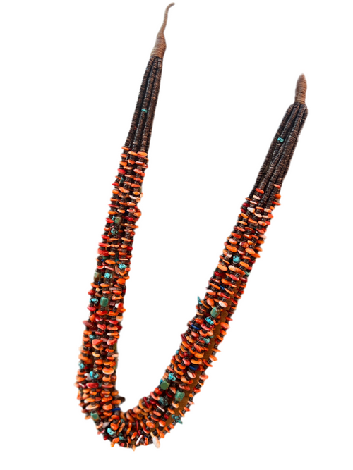 Gorgeous Santo Domingo Made Eight Strand Spiny Oyster and Turquoise Beaded Squaw Wrap Necklace