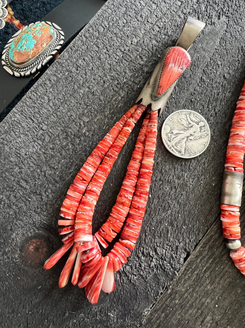 Santo Domingo (Kewa) Sterling Silver and Red Spiny Oyster Shell Jacla Bead Necklace by Daniel Coriz