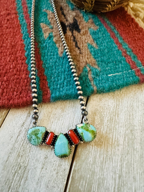 ** Christmas Collection ** Handmade Sterling Silver, Turquoise & Coral Necklace Signed Nizhoni